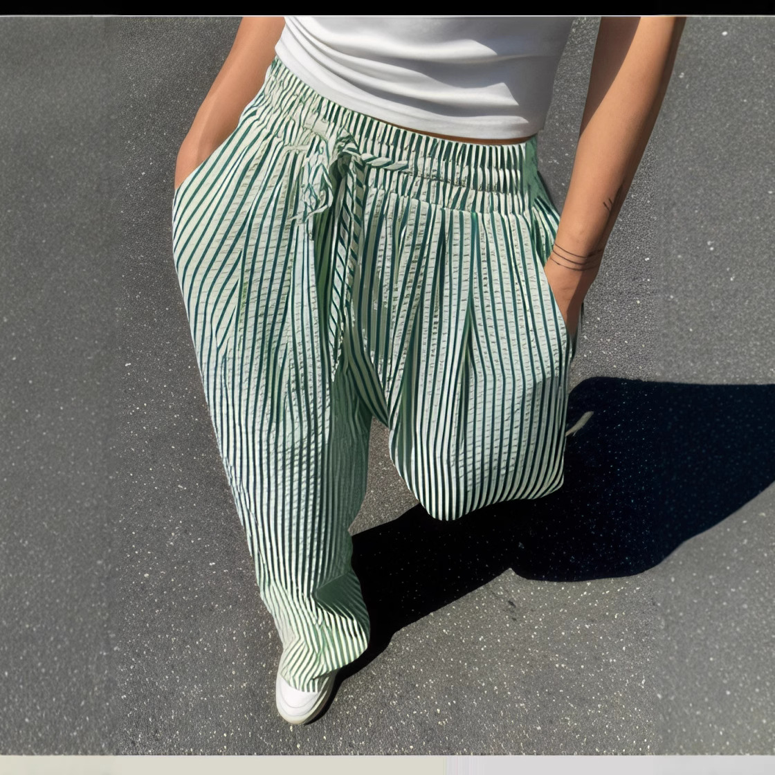 シンプルファッション 縦縞デザイン高腰幅広ストレートパンツ