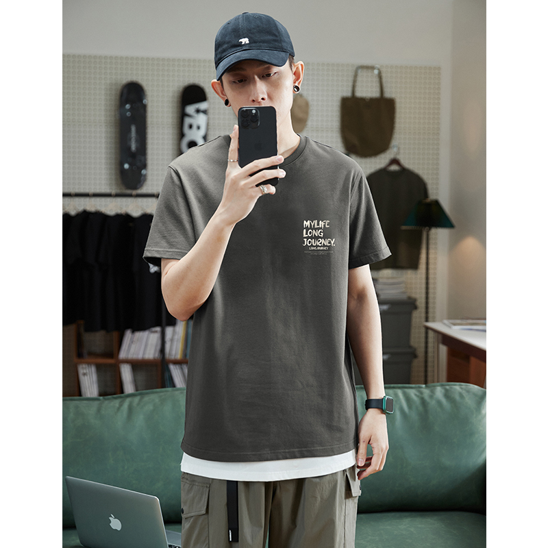 シンプルファッション 胸元メッセージプリント綿素材半袖Tシャツ