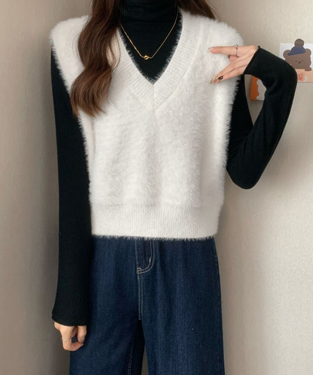 シンプルファッション ふわふわシャギーニットベスト