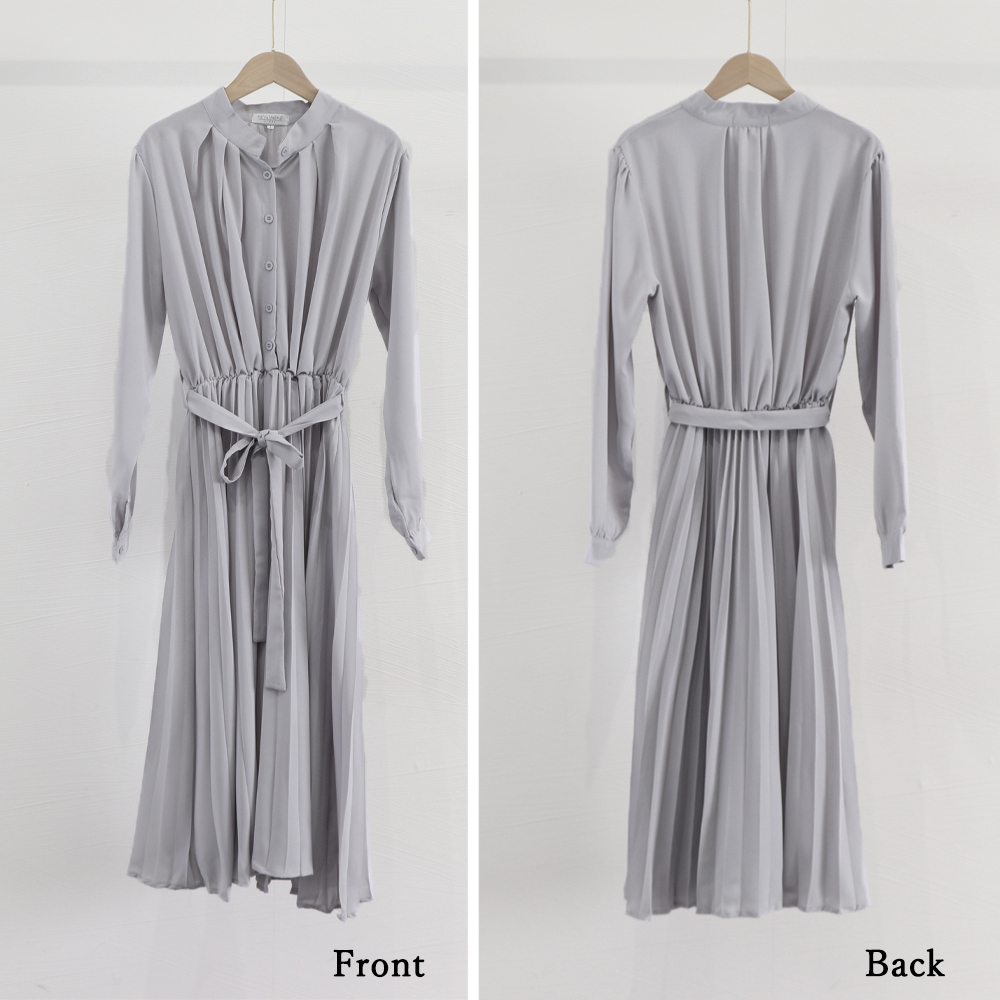 シンプルファッション 長袖プリーツワンピース ウエストリボン付きミディ丈