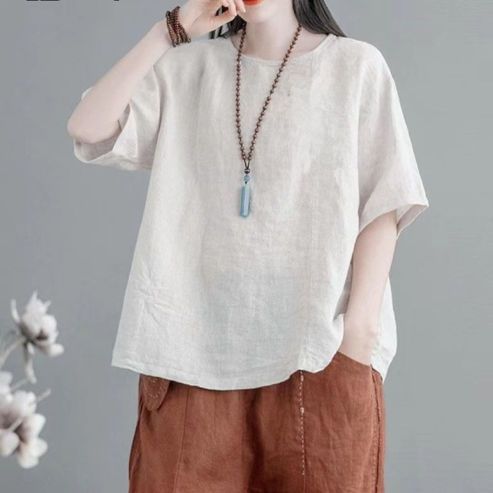 シンプルファッション ナチュラル麻混素材ゆったりトップス