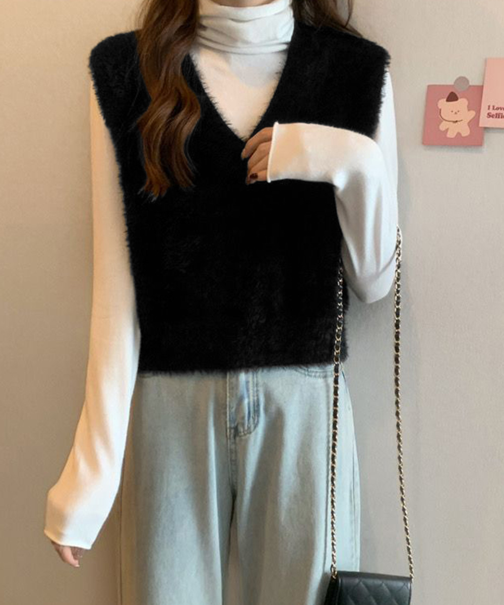 シンプルファッション ふわふわシャギーニットベスト