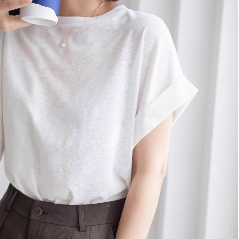 シンプルファッション 麻混素材ドルマン袖リラックスフィットTシャツ