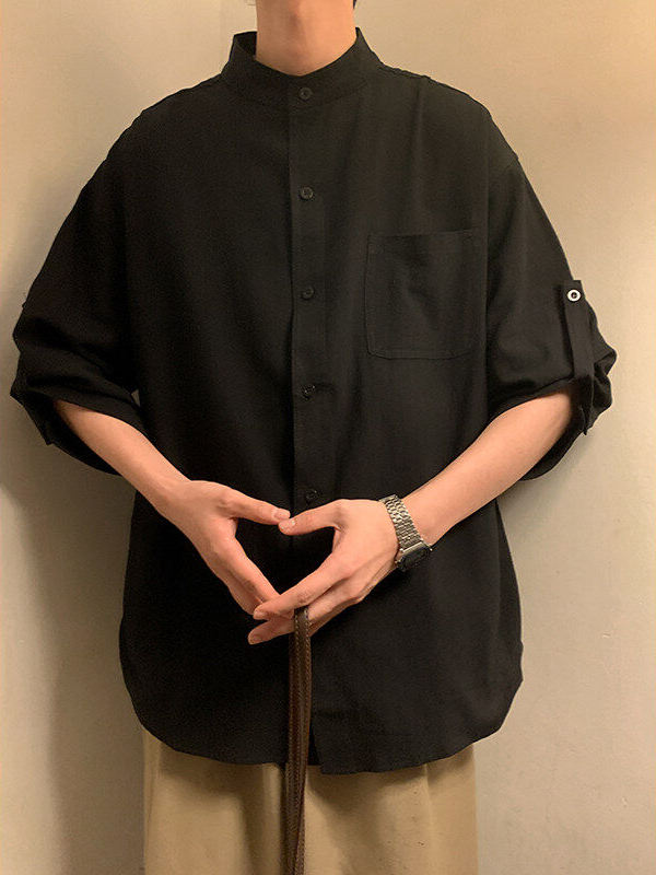 シンプルファッション スタンドカラー麻混紡七分袖シャツ