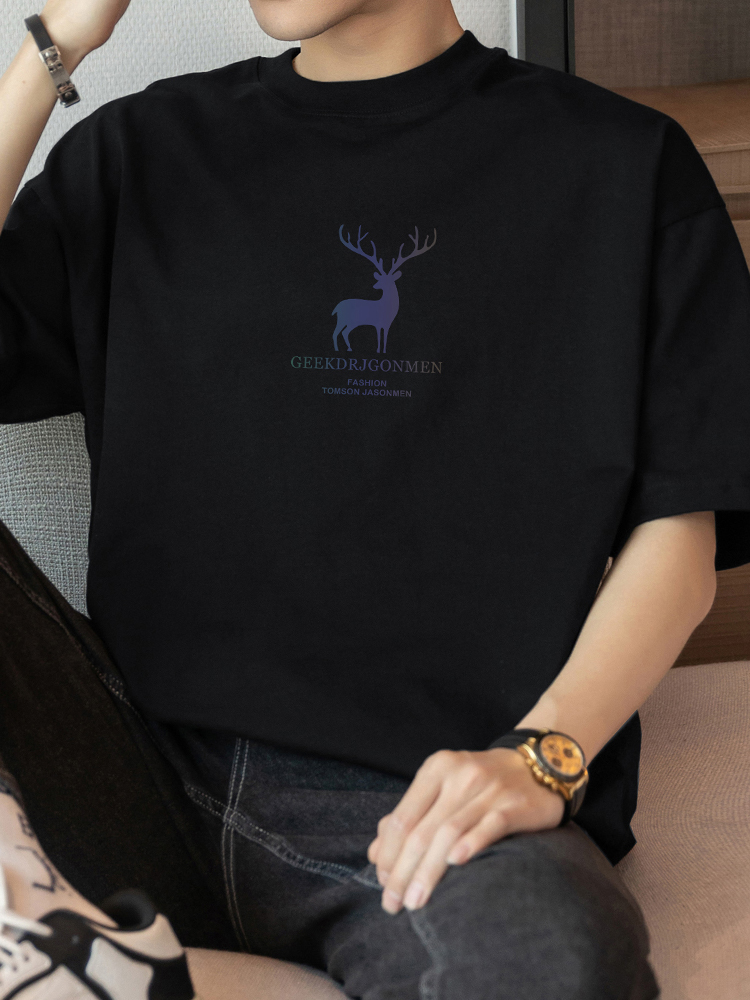 シンプルファッション 純綿ヘビーウェイト鹿モチーフプリントTシャツ