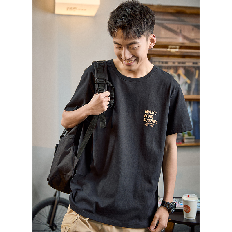 シンプルファッション 胸元メッセージプリント綿素材半袖Tシャツ