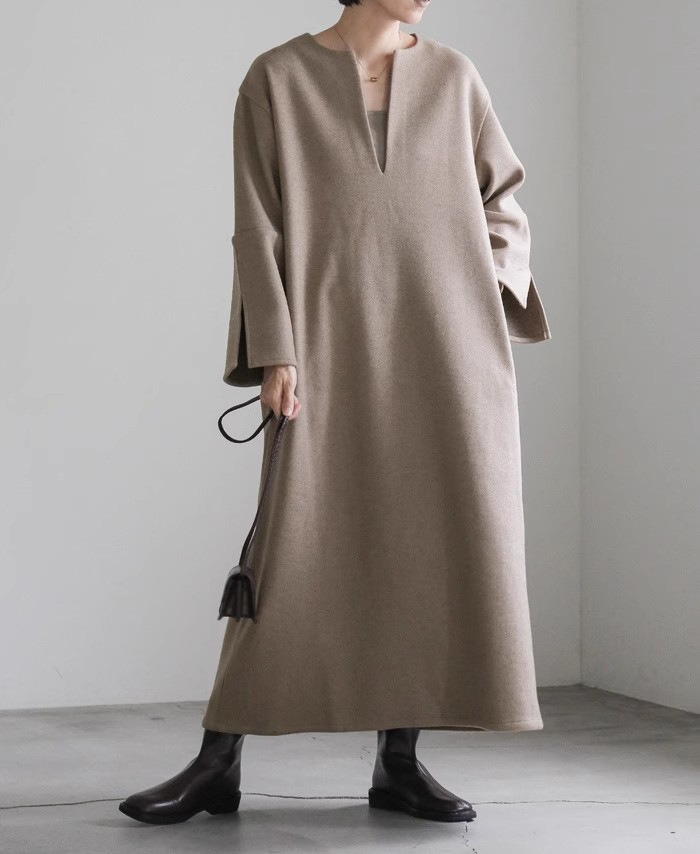 シンプルファッション 秋冬新作 丸首ワンピース 無地 体型カバー 着回し抜群