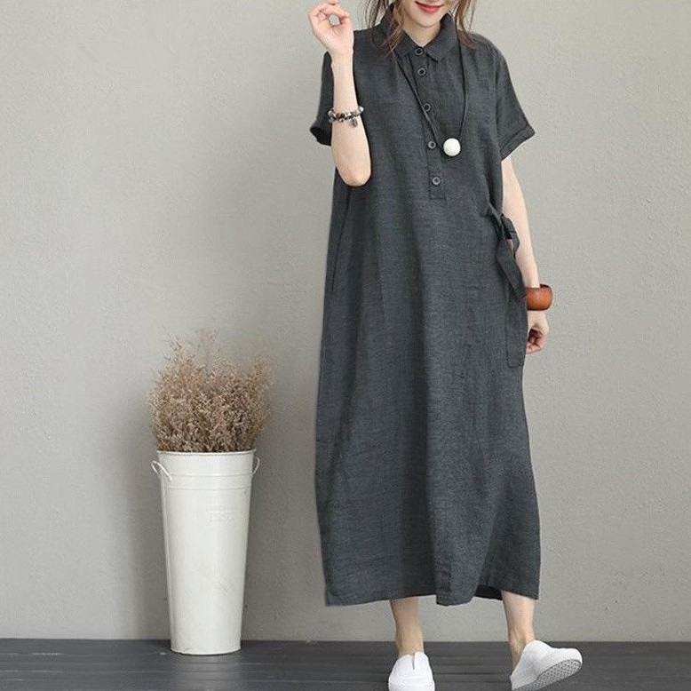 シンプルファッション 綿麻素材シンプル襟付きゆったりワンピース