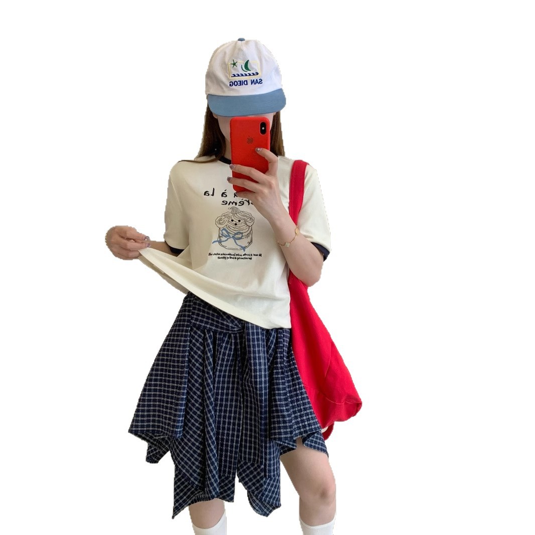 シンプルファッション ケーキプリント半袖リンガーTシャツ