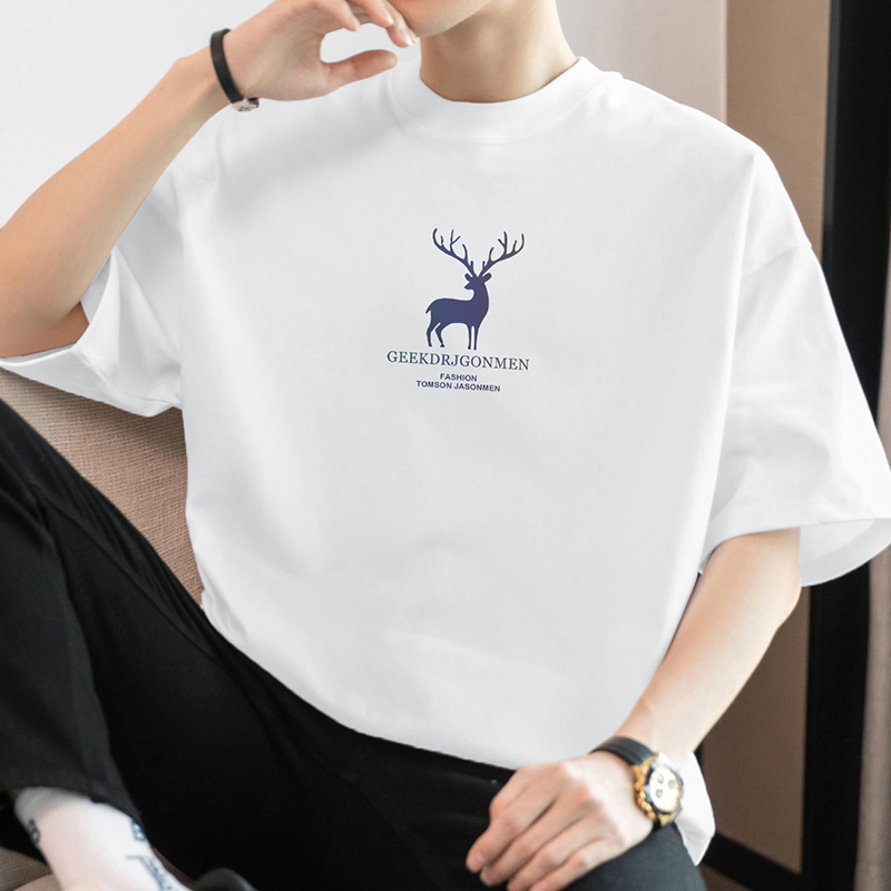 シンプルファッション 厚手純綿鹿柄プリントTシャツ