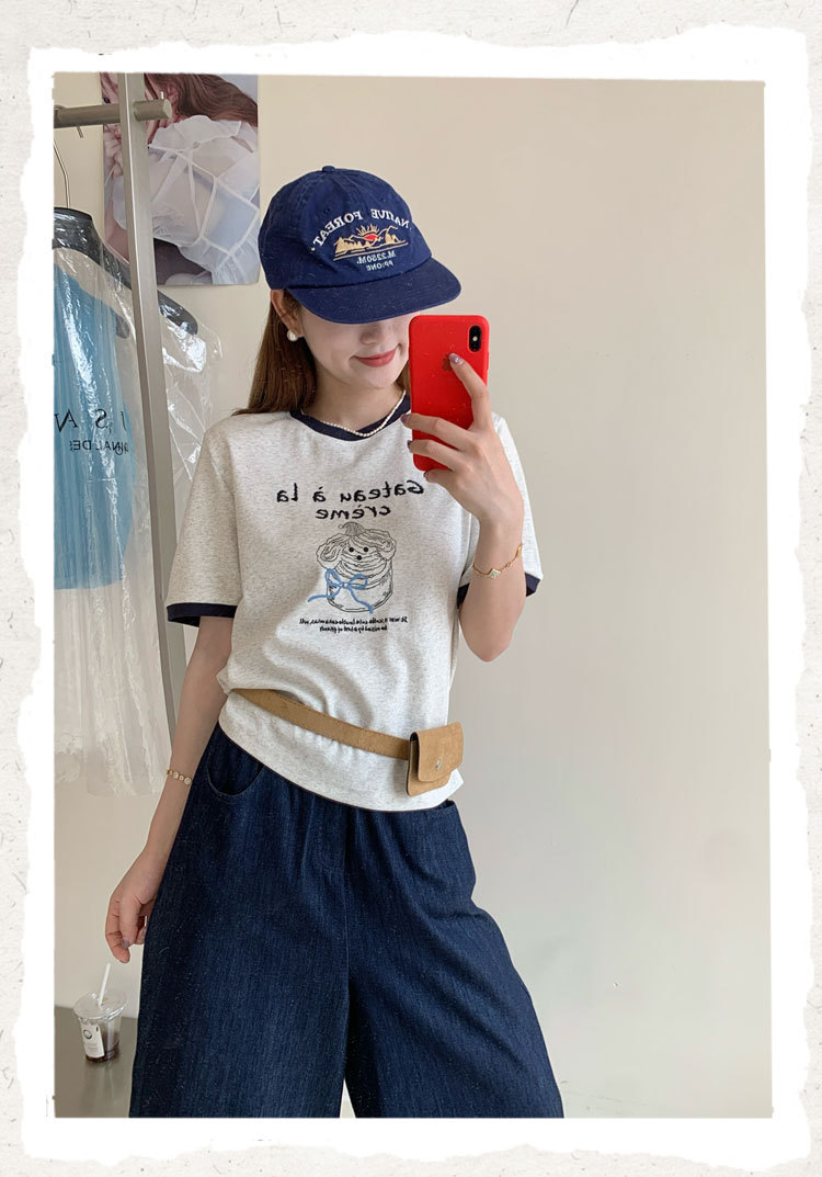 シンプルファッション ケーキプリント半袖リンガーTシャツ