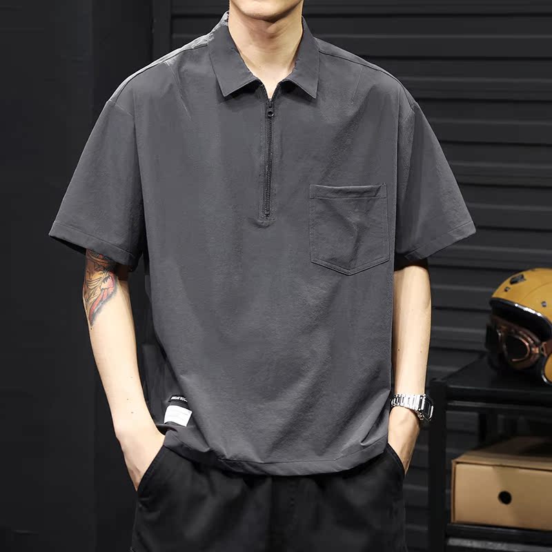 シンプルファッション ハーフジップポケット付き半袖ポロシャツ