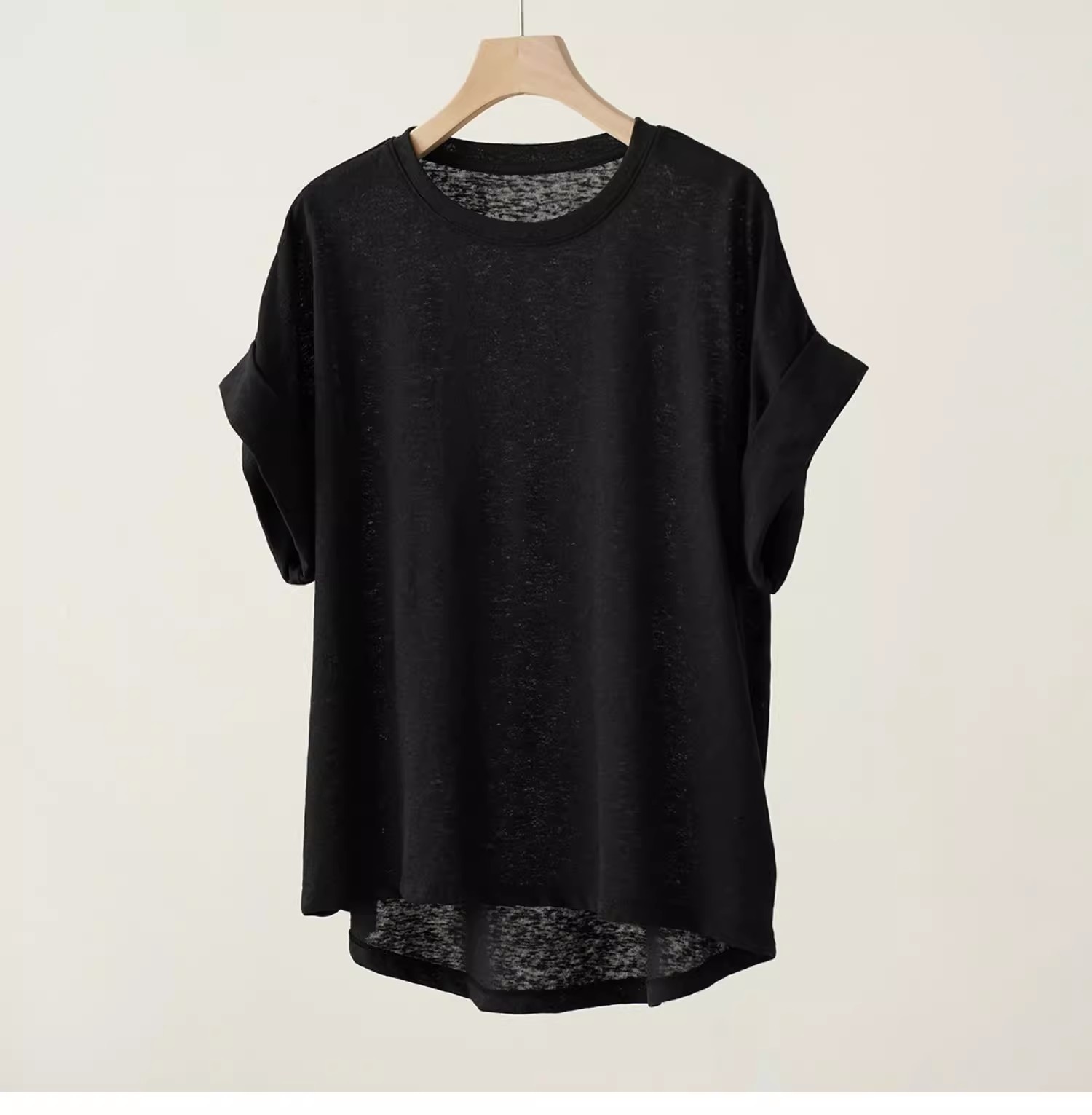 シンプルファッション 麻混素材ドルマン袖リラックスフィットTシャツ