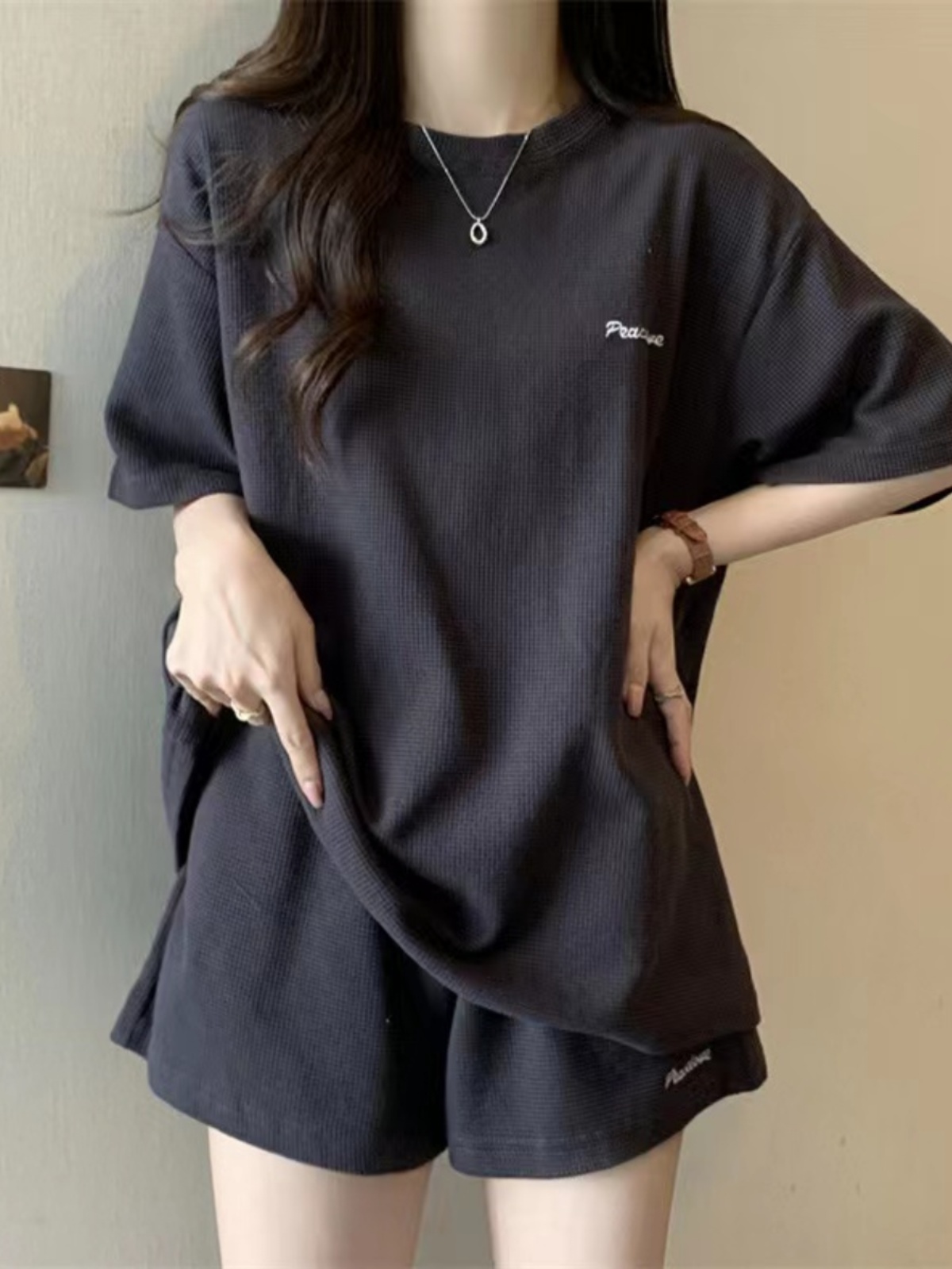 シンプルファッション ワッフル生地ゆったりショートパンツセット
