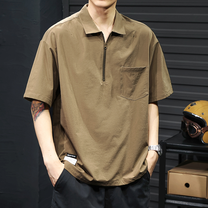 シンプルファッション ハーフジップポケット付き半袖ポロシャツ