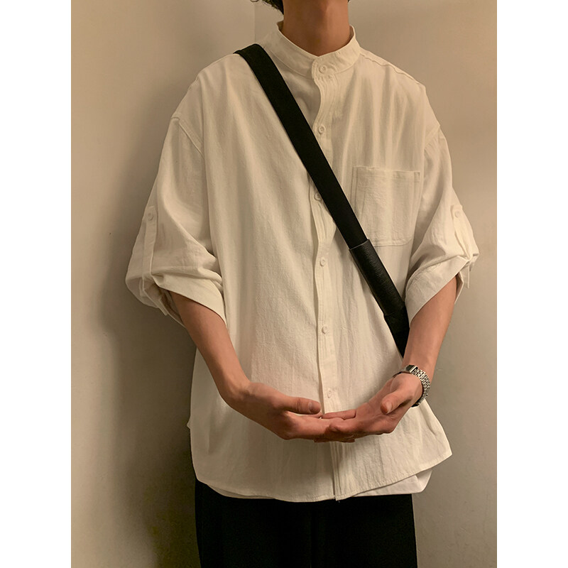 シンプルファッション スタンドカラー麻混紡七分袖シャツ
