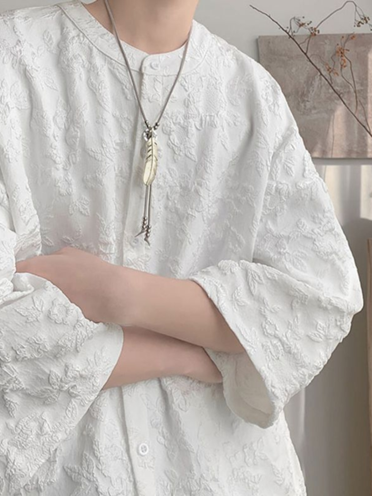 シンプルファッション 立体花柄ノーカラーシャツ サイドスリット