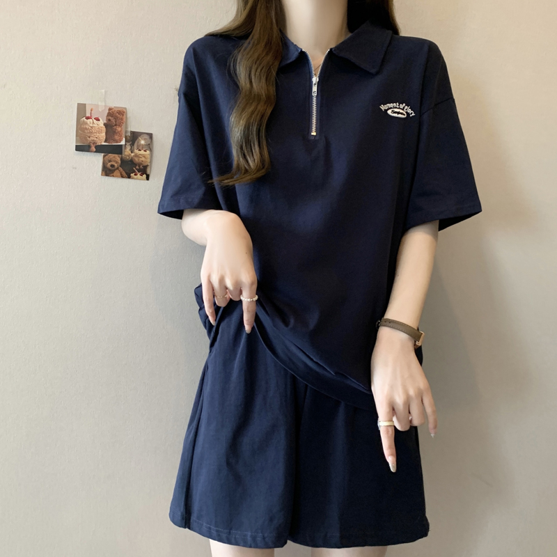 シンプルファッション ハーフジップ襟付きTシャツショートパンツセット