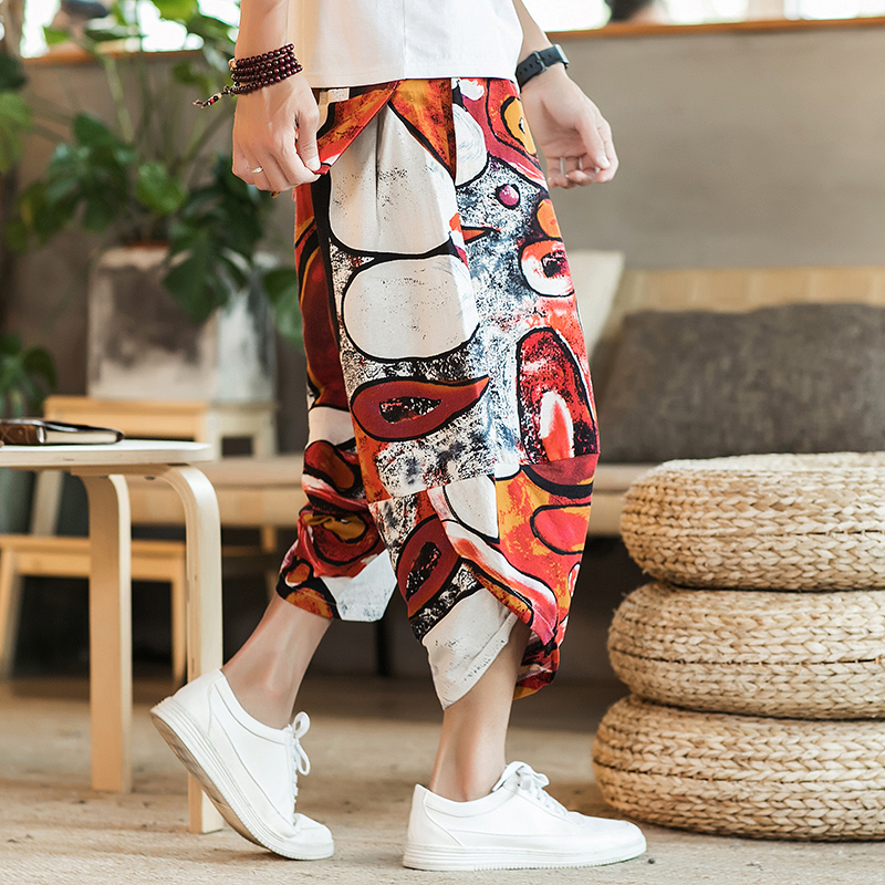 シンプルファッション アジアンエスニック柄ワイドパンツ七分丈
