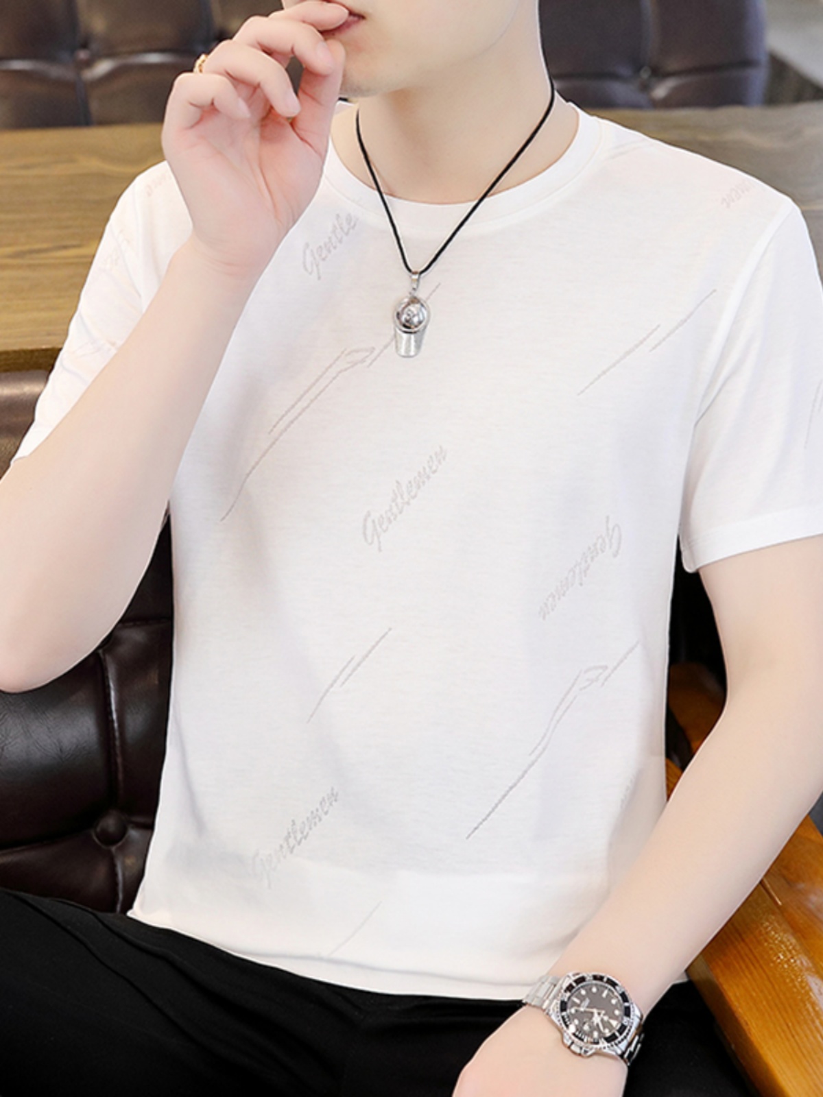 シンプルファッション 冷感ライン模様入り速乾性半袖Tシャツ
