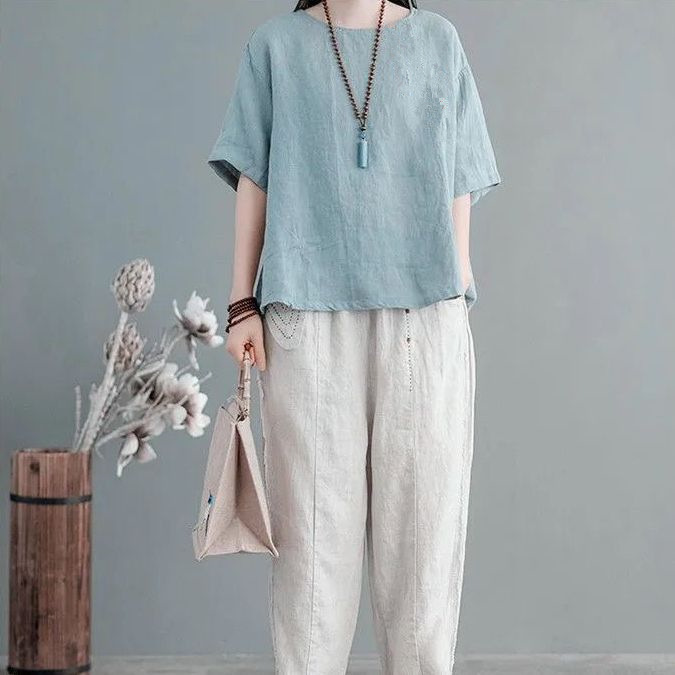 シンプルファッション ナチュラル麻混素材ゆったりトップス