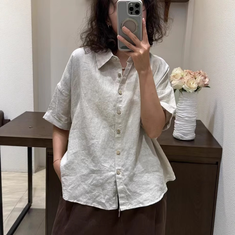 シンプルファッション リネン素材半袖シャツ 上品シンプルデザイン