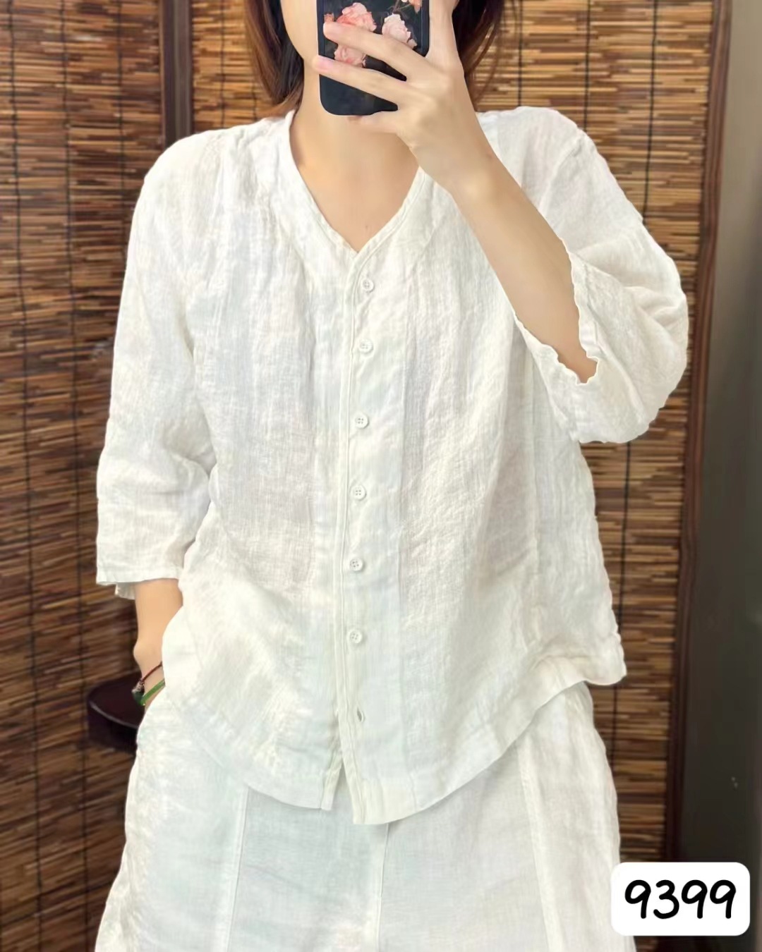 シンプルファッション リネンVネックシャツ 前開きゆったりブラウス