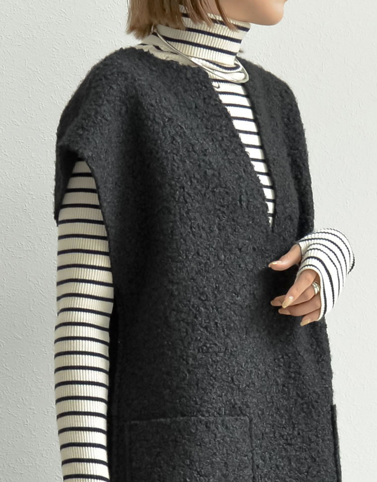 シンプルファッション 秋冬新作 深めのぶいネック ワンピース 無地 体型カバー 着回し抜群