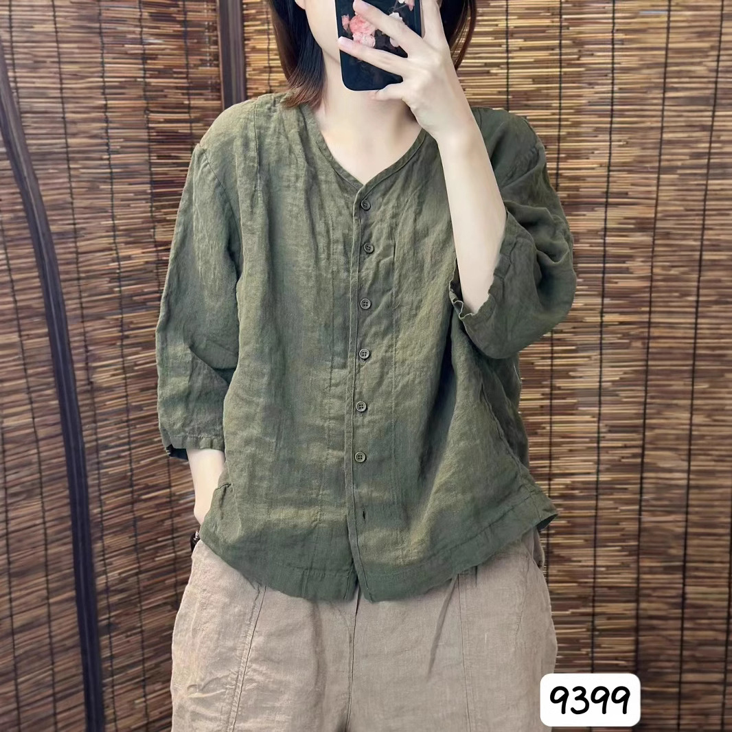 シンプルファッション リネンVネックシャツ 前開きゆったりブラウス