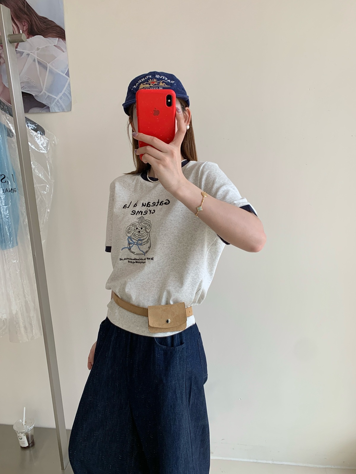 シンプルファッション ケーキプリント半袖リンガーTシャツ