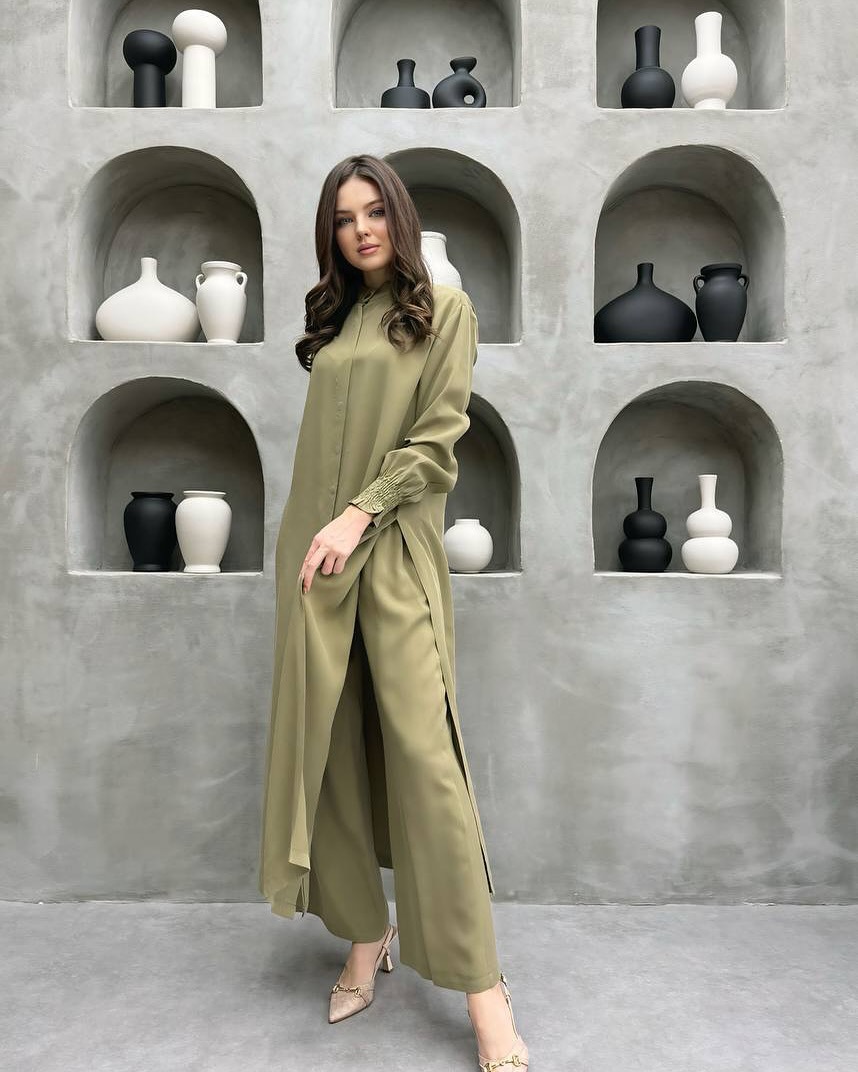 シンプルファッション スタンドカラーロングシャツ&ストレートパンツセット