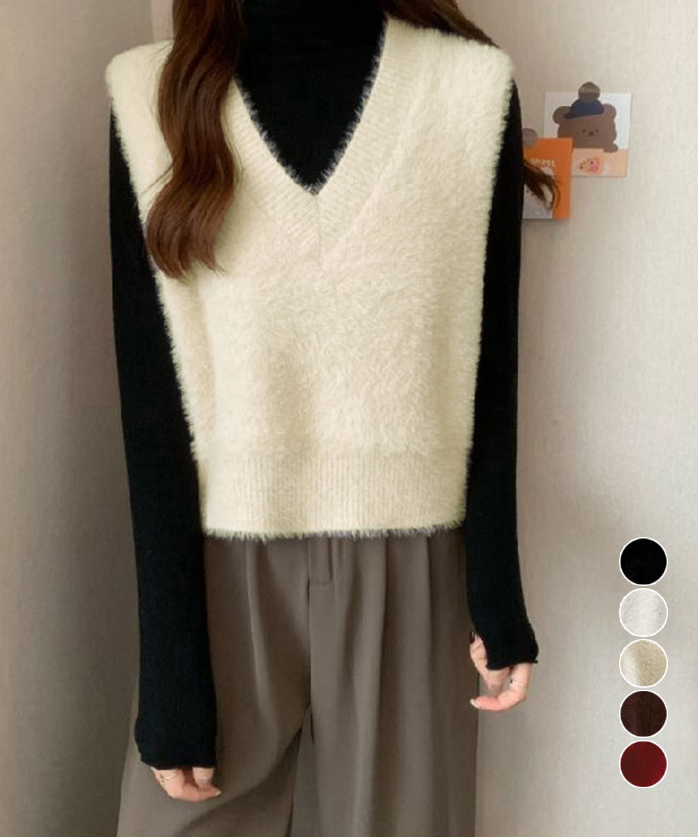 シンプルファッション ふわふわシャギーニットベスト