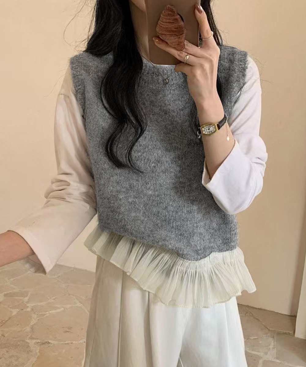 シンプルファッション 裾フリル付きニットベスト レディース 重ね着