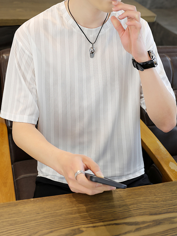 シンプルファッション シンプル縦ストライプ半袖カットソー