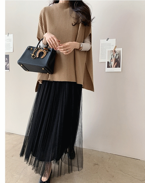 シンプルファッション 4色展開 リブニットマント ゆったりトップス 無地 体型カバー