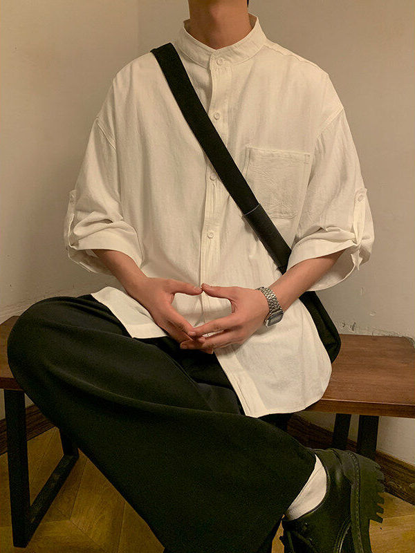 シンプルファッション スタンドカラー麻混紡七分袖シャツ