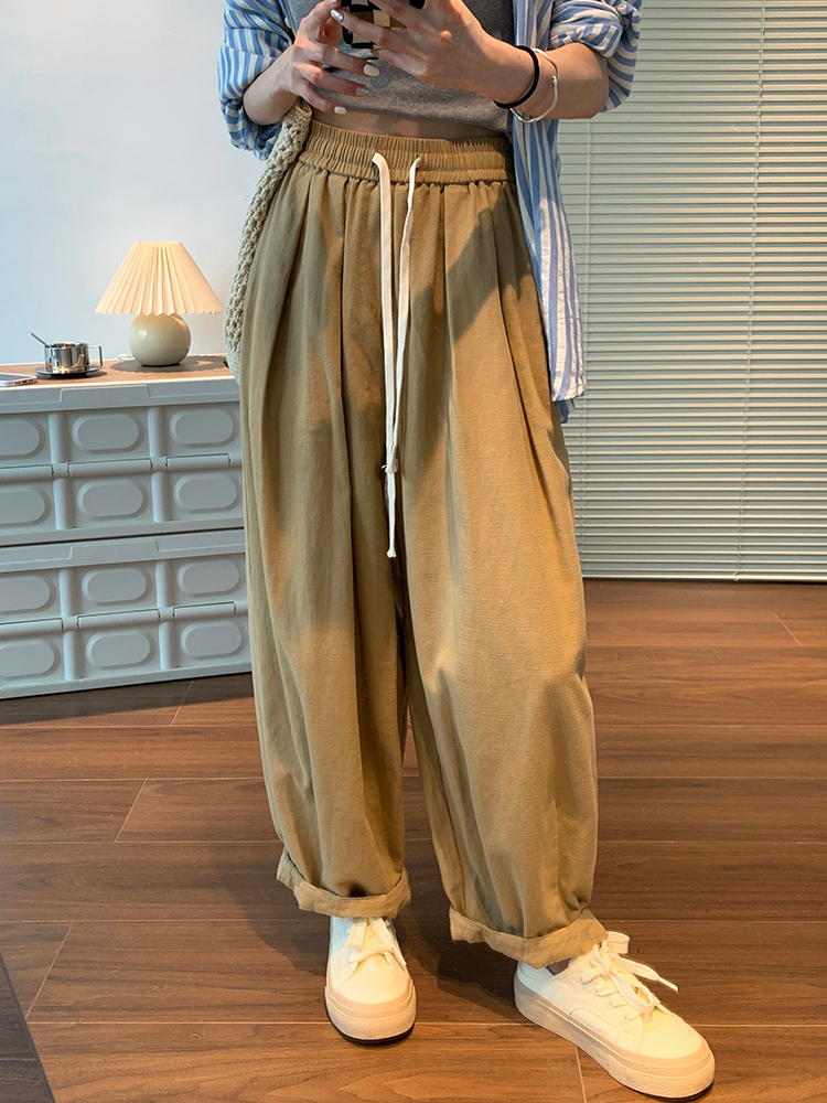 シンプルファッション リネン混紡ワイドパンツ