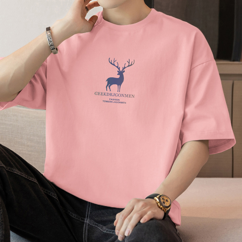 シンプルファッション 純綿ヘビーウェイト鹿モチーフプリントTシャツ
