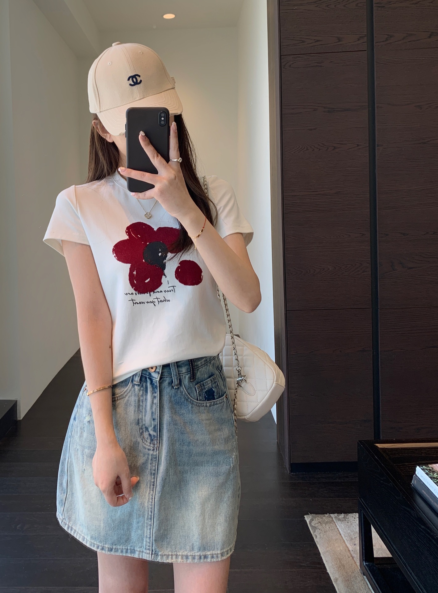 シンプルファッション 植毛花柄プリント半袖Tシャツ