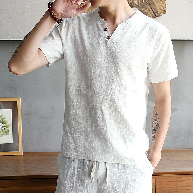 シンプルファッション 綿麻素材ヘンリーネック半袖Tシャツ