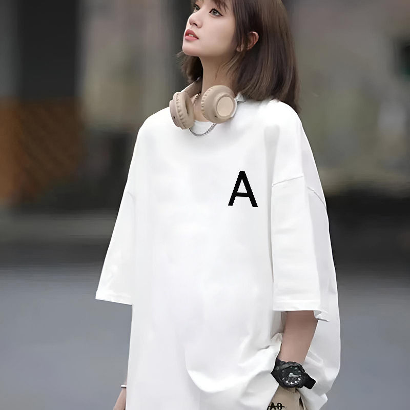 シンプルファッション ゆったり五分袖コットンサイドプリントTシャツ