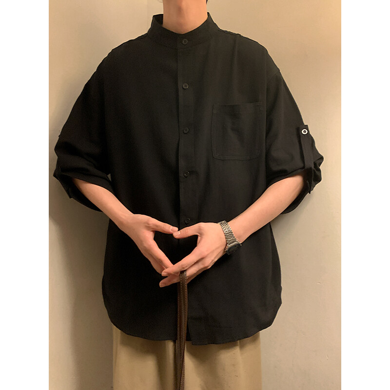 シンプルファッション スタンドカラー麻混紡七分袖シャツ