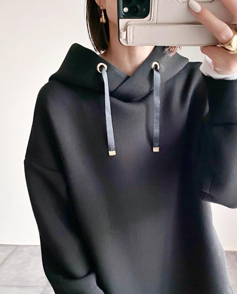 シンプルファッション 無地フード付きパーカー 体型カバー 長袖トップス