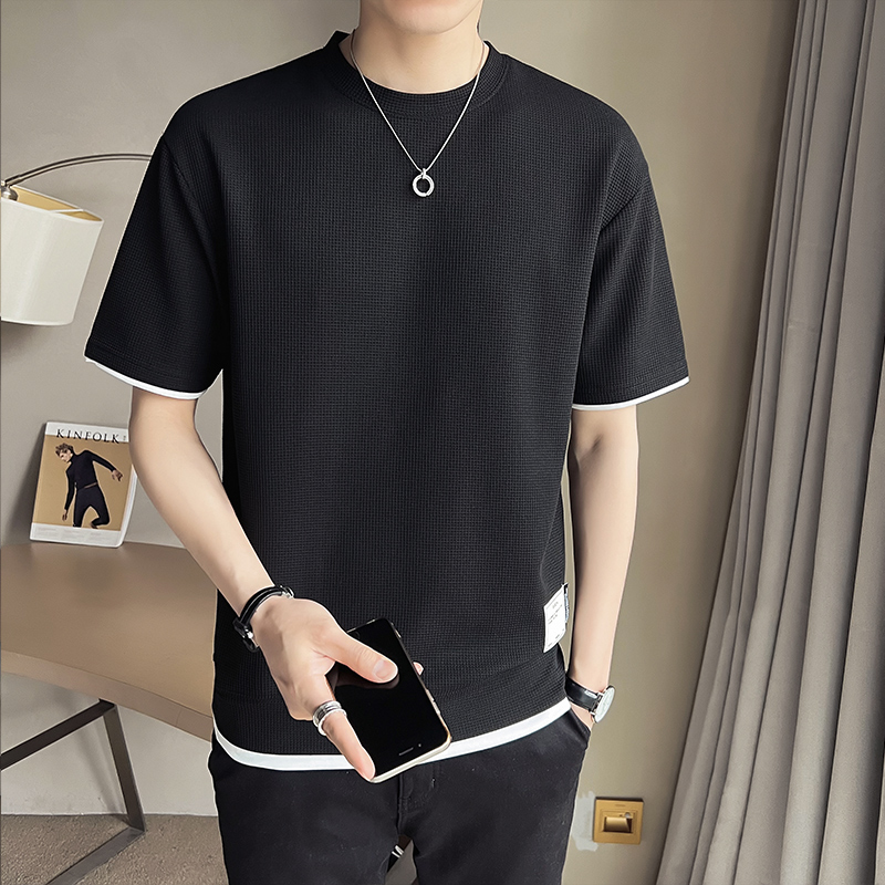 シンプルファッション レイヤード風ワッフル半袖トップス