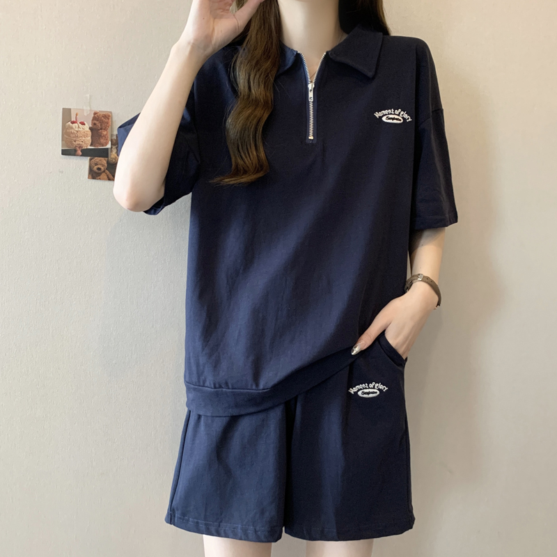 シンプルファッション ハーフジップ襟付きTシャツショートパンツセット