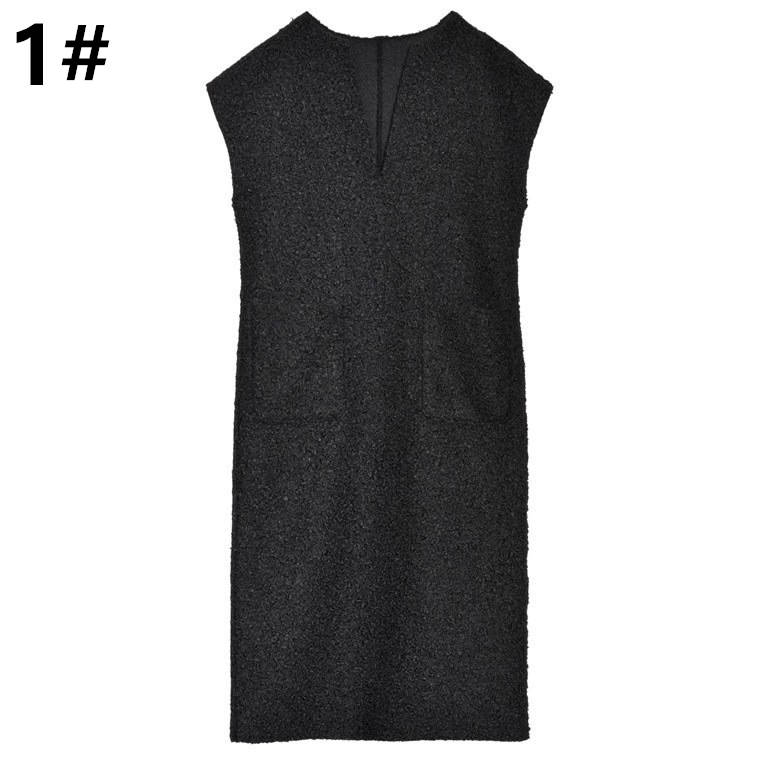 シンプルファッション 秋冬新作 深めのぶいネック ワンピース 無地 体型カバー 着回し抜群