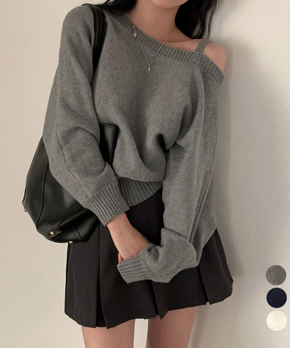 シンプルファッション ワンショルダーニットトップス肩見せ秋冬