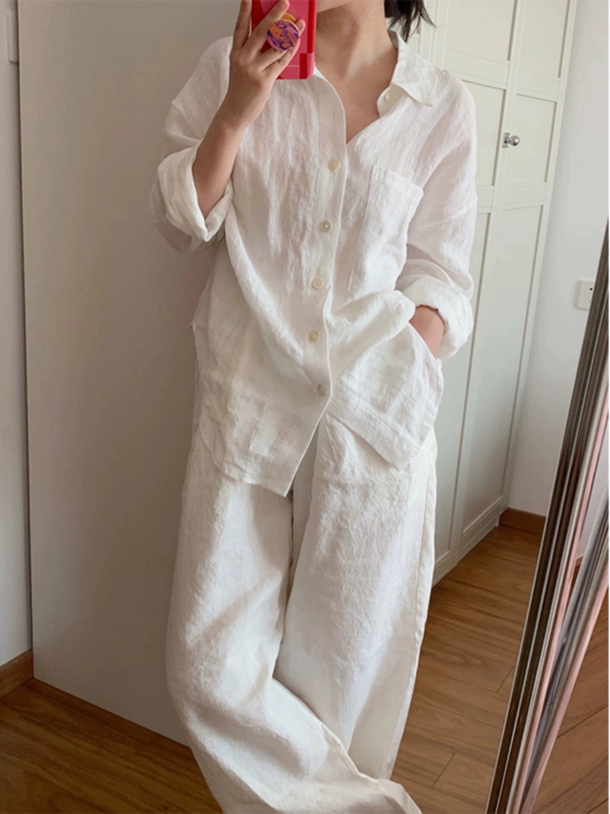 シンプルファッション リネン混紡オーバーサイズシャツ