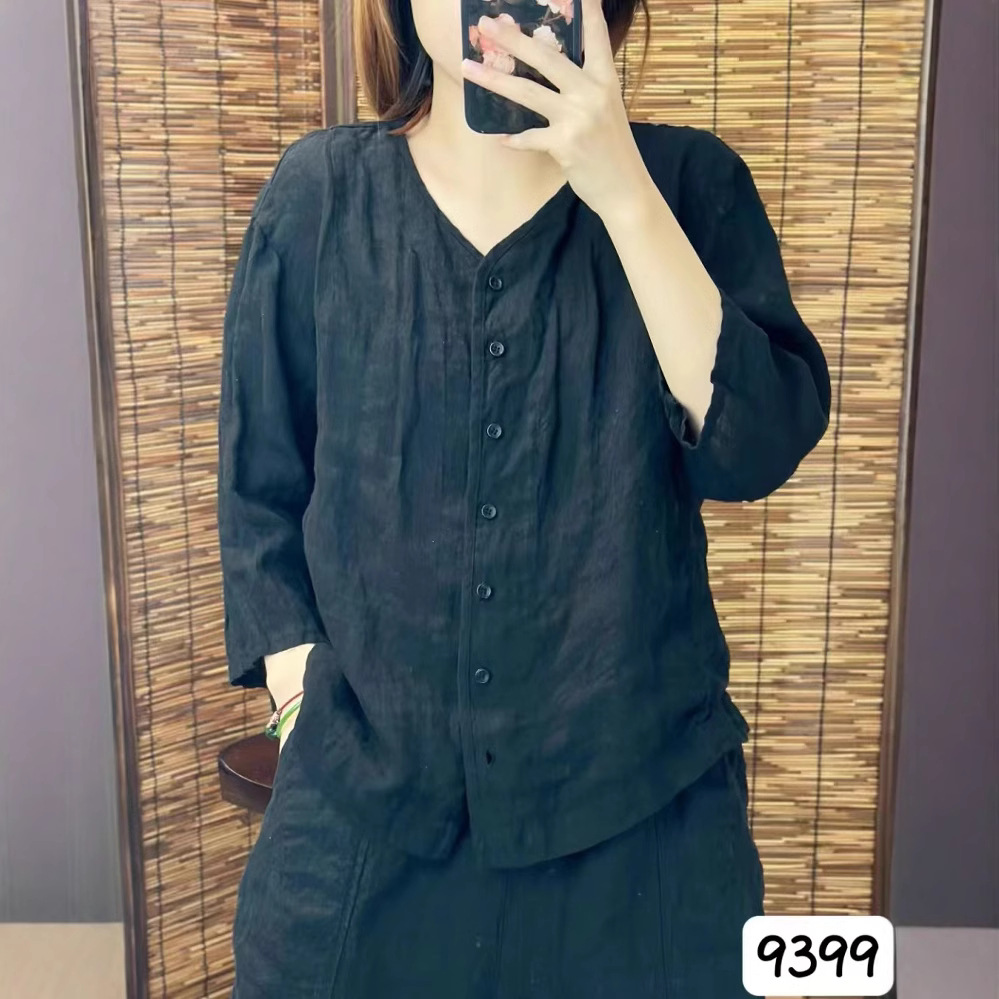 シンプルファッション リネンVネックシャツ 前開きゆったりブラウス