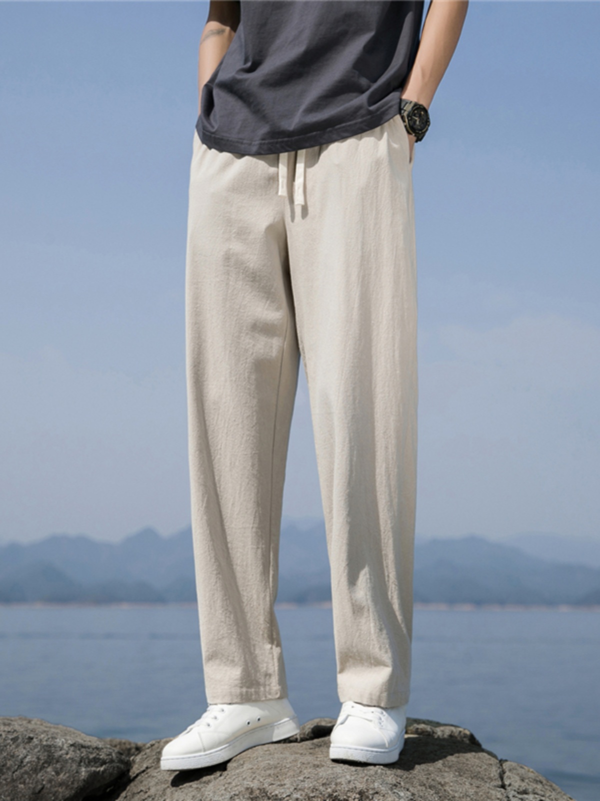シンプルファッション コットン100％ ゆったりストレートパンツ